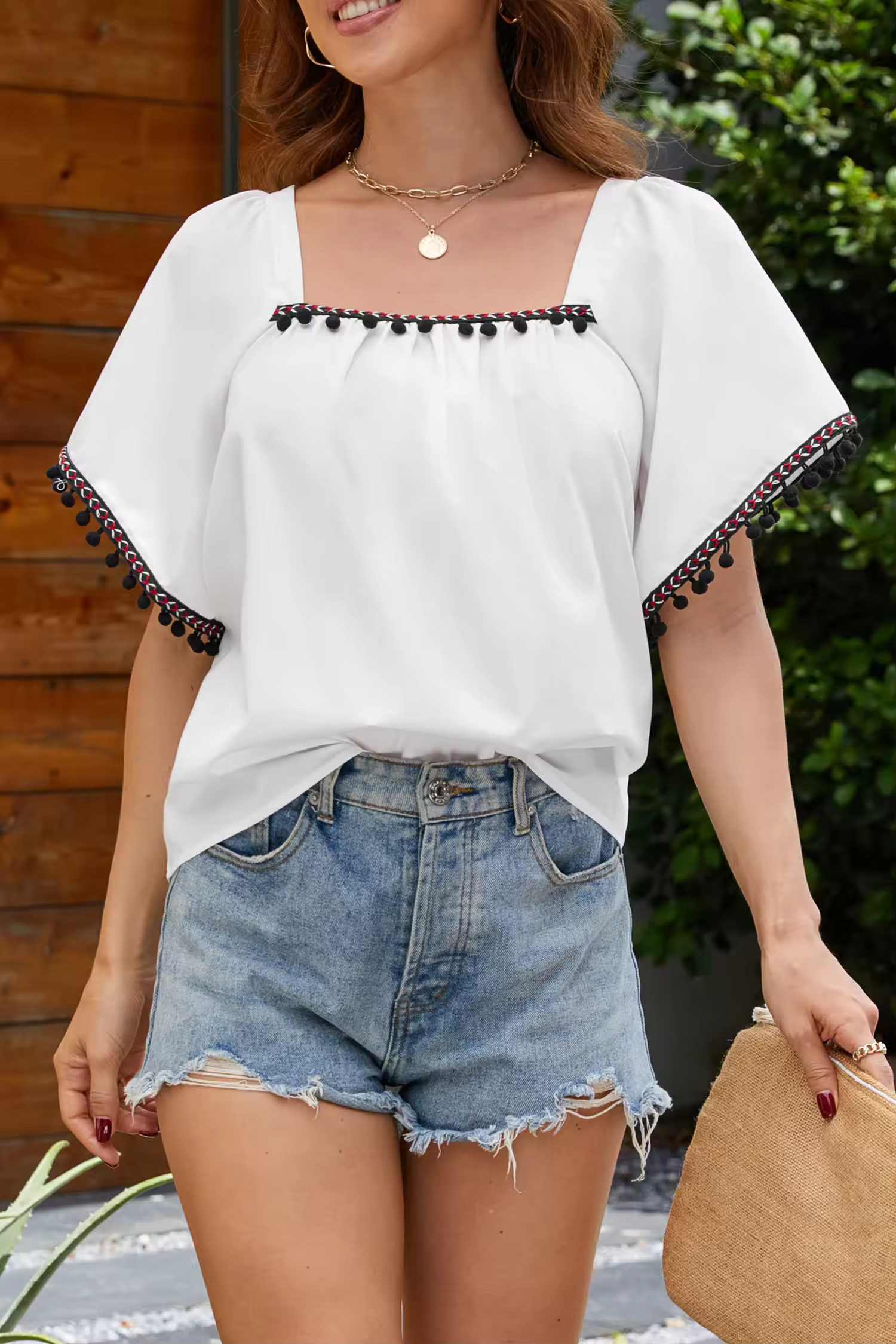 White Square Neck Short Sleeve Pom-Pom Top